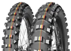 Close-up of the tread Mitas Terra Force - MX SM 90/100-14 49 M Rear TT NHS Red, Yellow